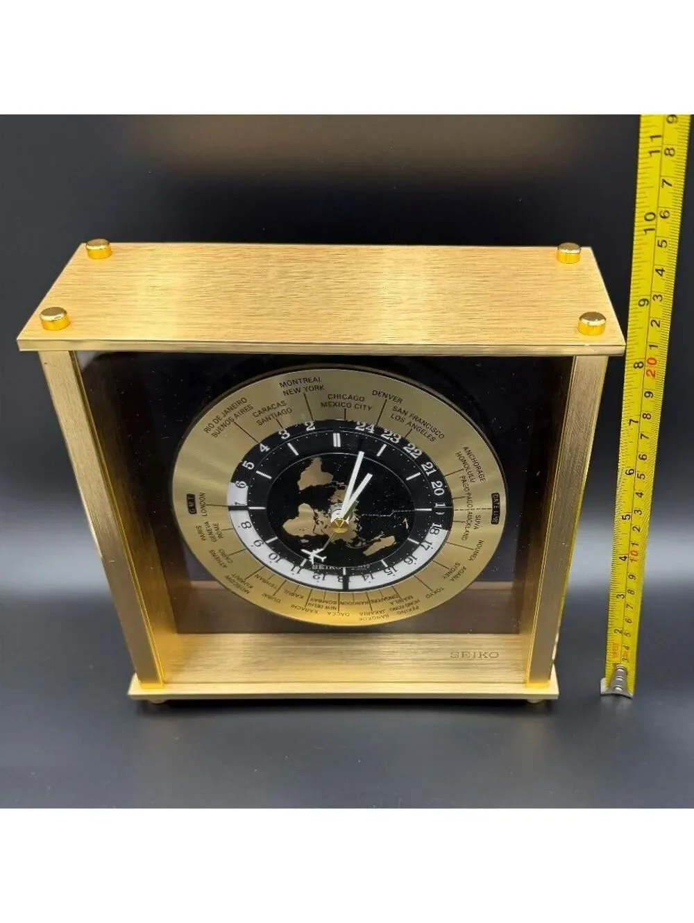 Vintage Seiko World Time Desk Clock Quartz Brass Glass Japan QZ885A Working 8.5